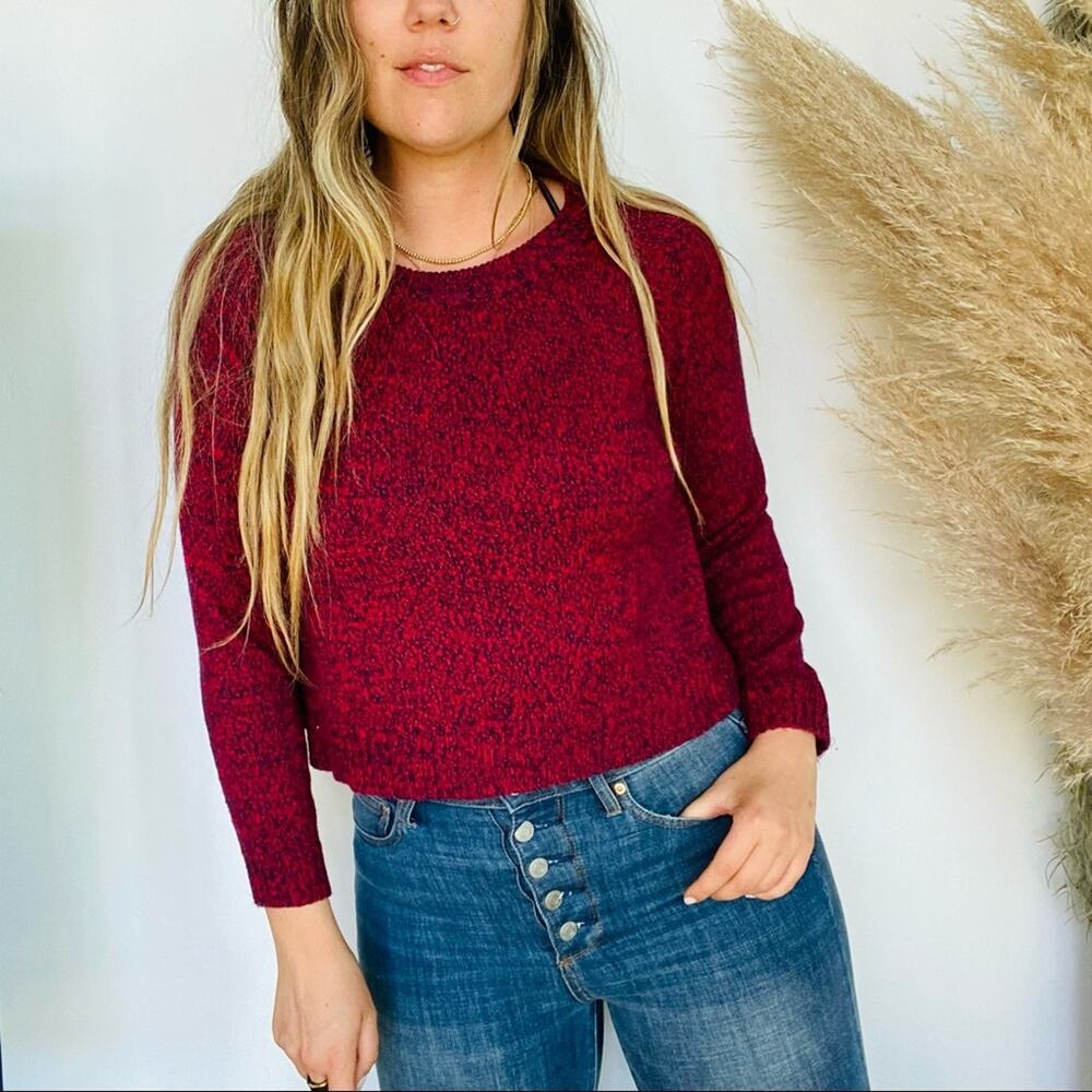 H&M DIVIDED Red Blue Marled Knit Cropped Crop Chunky Pullover Cozy Sweater M